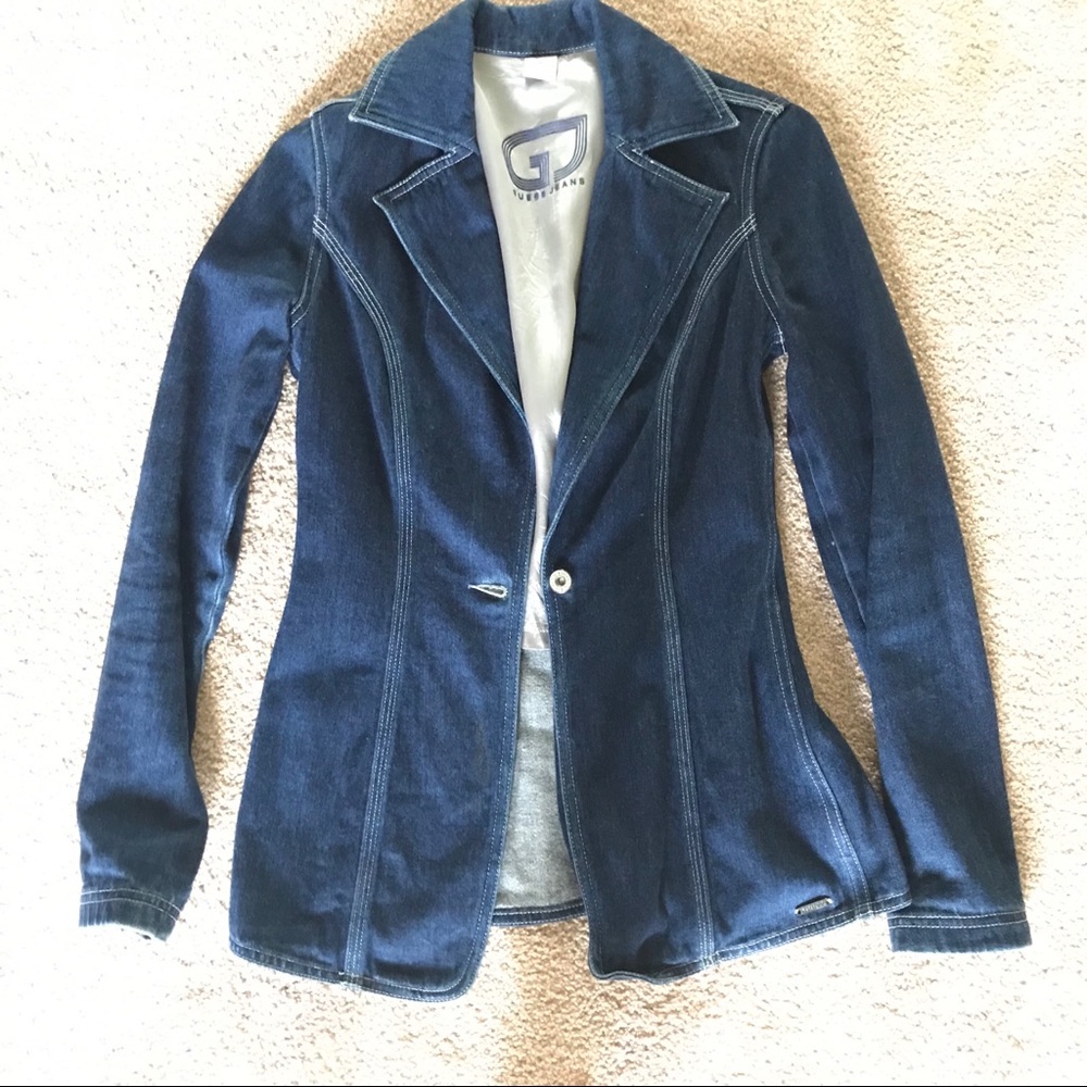 Guess Blue Jean Long Blazer Jacket Cute Button Long